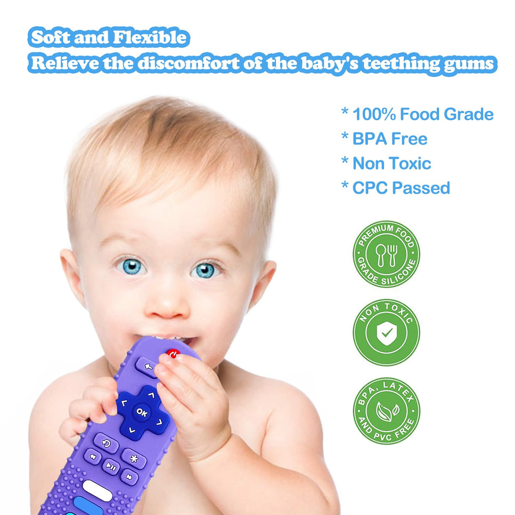 ROBBEAR Baby Teething Toys - Food Grade Silicone Teether in TV Remote Shape | BPA-Free, Purple & Khaki