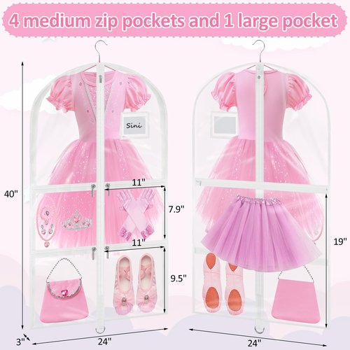 Wsaeig Garment Bags for Dance Costumes - 40 Inch Clear PVC with 5 Zipper Pockets (3 Pack, White) - Kids Dance Garment Bag for Dancers, Hanging Clothes Storage, Competitions & Travel (‎Clear White)