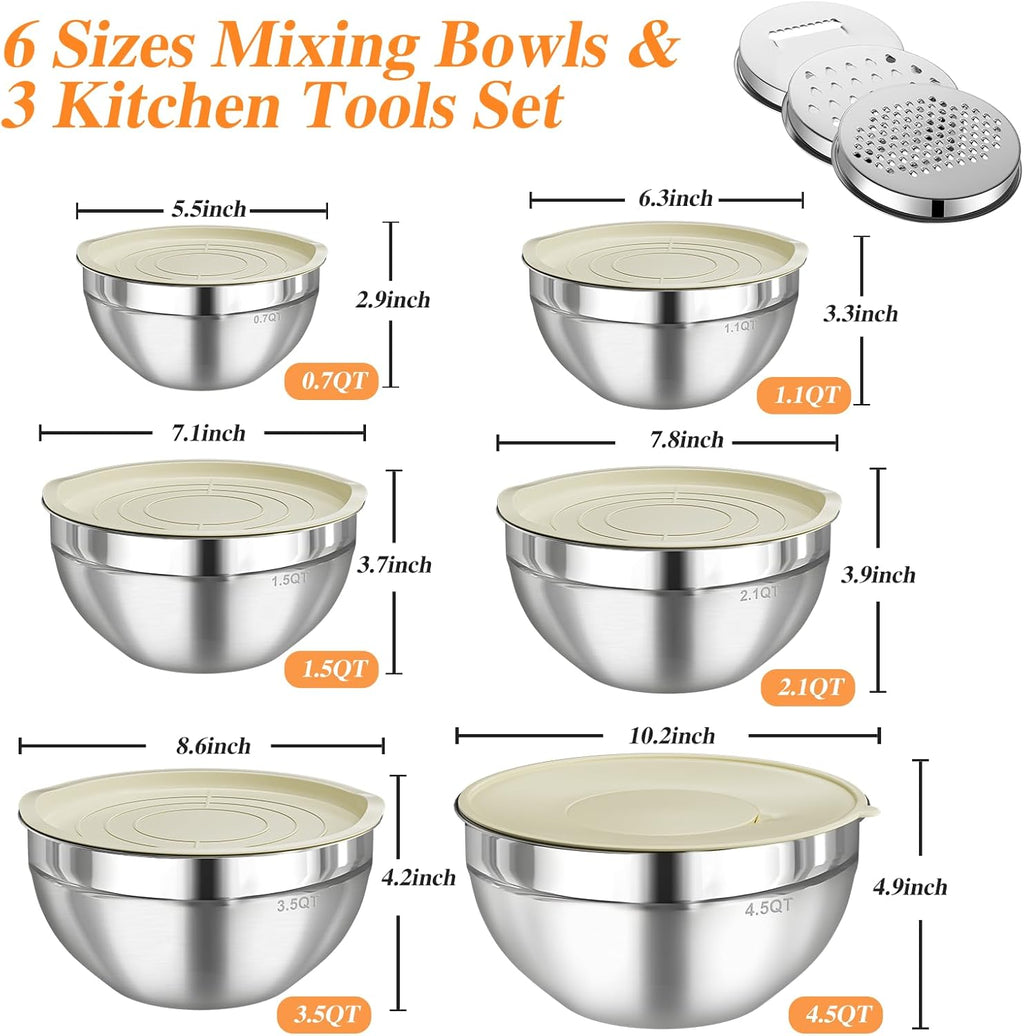 Stainless Steel Mixing Bowls Set by [Brand Name] - 6 PCS with Lids & 3 Grater Attachments | Large Nesting Sizes 4.5QT to 0.7QT