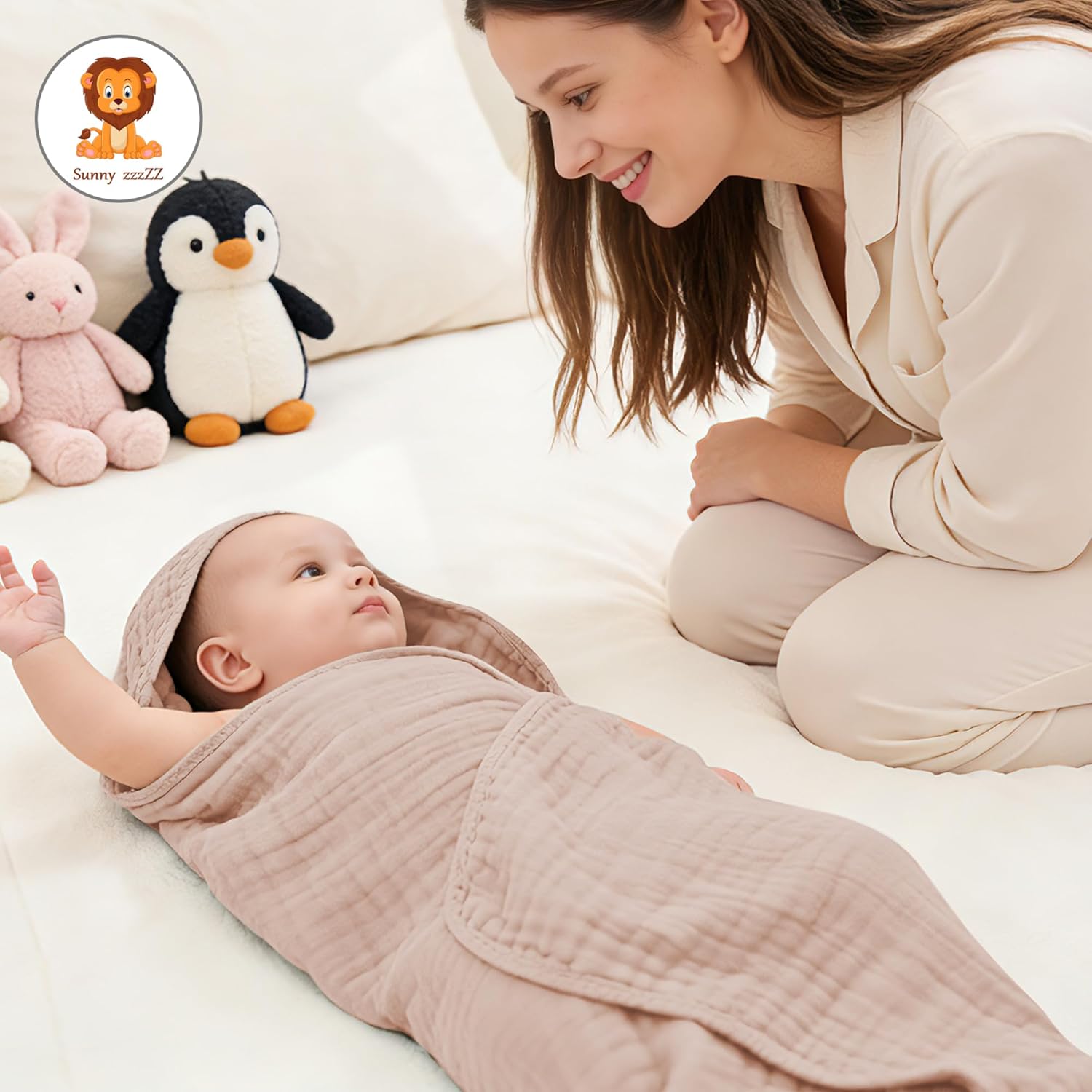Sunny ZzzZZ Muslin Hooded Baby Bath Towels - 3 Pack of Soft 100% Cotton Pastel Towels | 32x32 Inch for Newborns & Toddlers