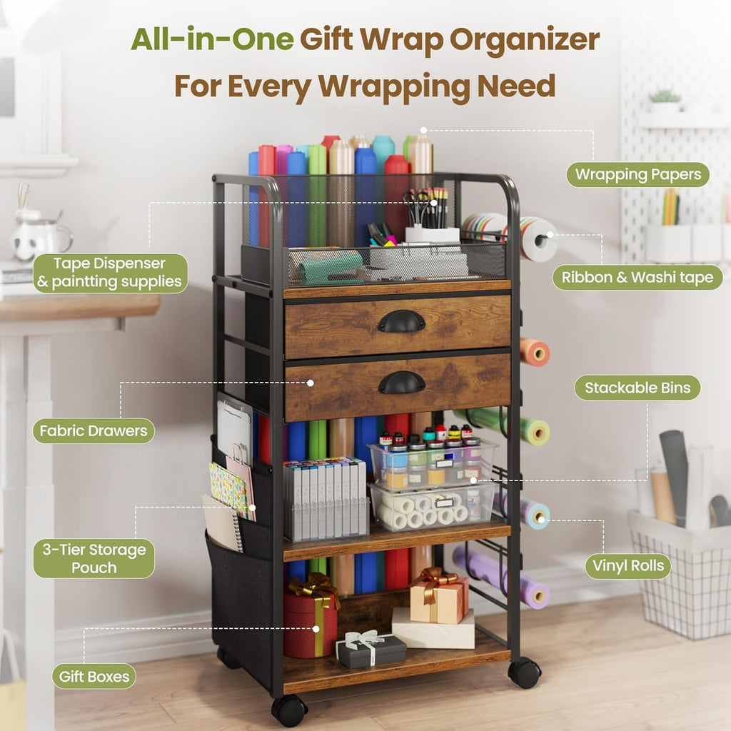 Wrapping Paper Storage Cart - Rolling Organizer with 2 Fabric Drawers & Side Pockets | Lockable Wheels for Gift Bags & Ribbons