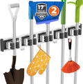 Reliahom Broom Holder Wall Mount - 2 Pack with 5 Racks & 4 Hooks | Black Mop Storage Organizer for Garage, Kitchen, Garden, Laundry Room