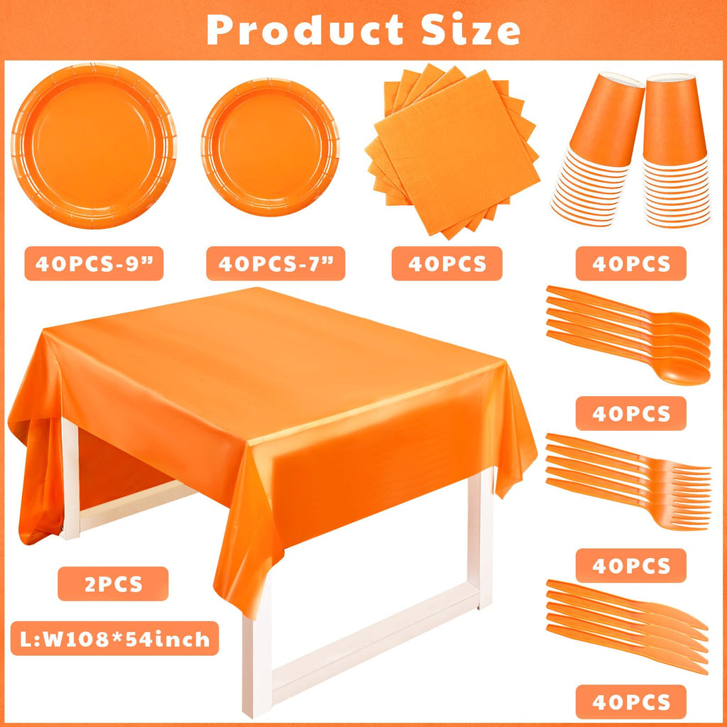 Qilery 282 Pcs Orange Plates Party Supplies Set Serves 40 Guests, Disposable Party Plates, Cups, Plastic Spoons Forks Knives, Napkins, Orange Dinnerware for Fall Thanksgiving Wedding Birthday