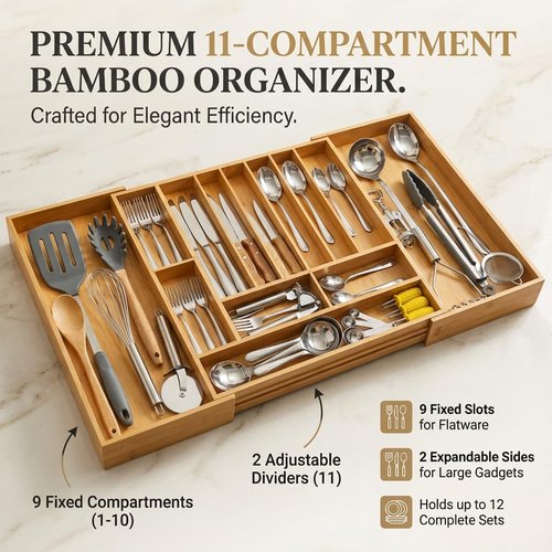OPRTEU Expandable Kitchen Organizer – Adjustable 33” Wide Utensil Kitchen Drawer with 11 Compartments, Natural Solid Bamboo Construction for Flatware