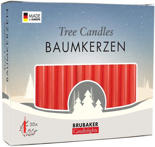 BRUBAKER Tree Candles - Red Pyramid Design - Pack of 20 - 3¾ x ½ Inches (9.5 x 1.27cm) - Made in Europe