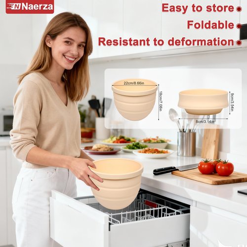 Naerza Silicone Bowl Insert for Kitchen Aid 5 Qt Tilt-Head - Patented Design Bowl Liner, 3pack with Lids, Resistant to collapse Thicker Bowl Insert, Foldable, Heat/Cold Resistant (Red*Beige*Beige)