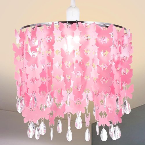 11.8" Butterfly Light Shade for Ceiling Pendant Light, Dreamy Lightshade with Crystal Beads, Acrylic Chandelier Shades, Crystal Lamp Shade with Star Light Effect for Girl’s Bedroom Decoration, Pink