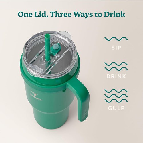 40 oz REDUCE Stainless Steel Tumbler with Handle - Insulated Travel Mug, Sweat-Proof Lid & Reusable Straw - Keeps Drinks Cold for 24 Hrs, Fits Cupholders, Dishwasher Safe - Palm Leaf