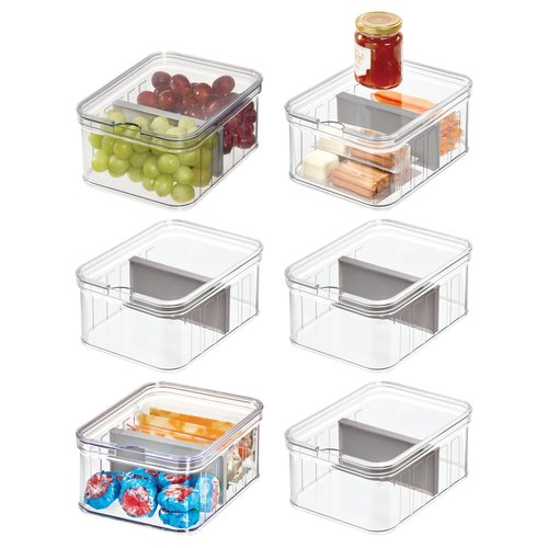 iDesign Small Fridge Organizer Bin with Removable Divider and Lid - Set of 6 - Clear/Gray