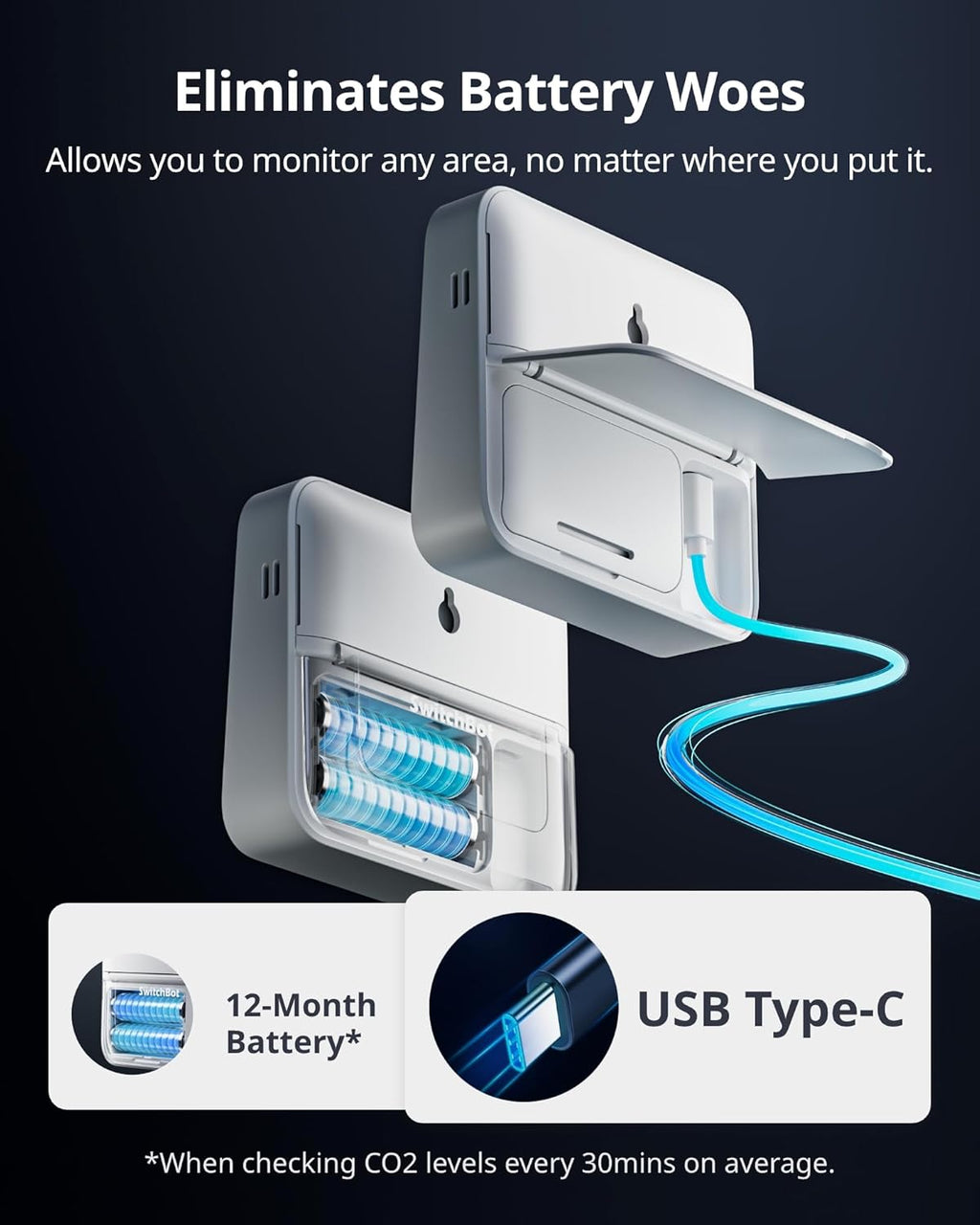 SwitchBot CO2 Detector - Portable Air Quality Monitor for CO2, Temperature & Humidity | Ideal for Home, Car & Office