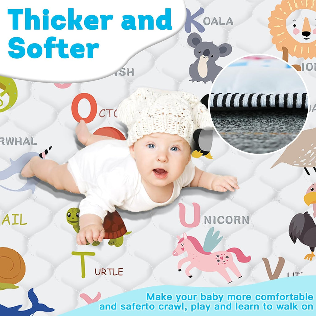Skiennix Baby Play Mat - Thick, Soft, Non-Slip 50" x 50" Crawling Mat for Infants & Toddlers | Machine Washable, Animal Alphabet-A
