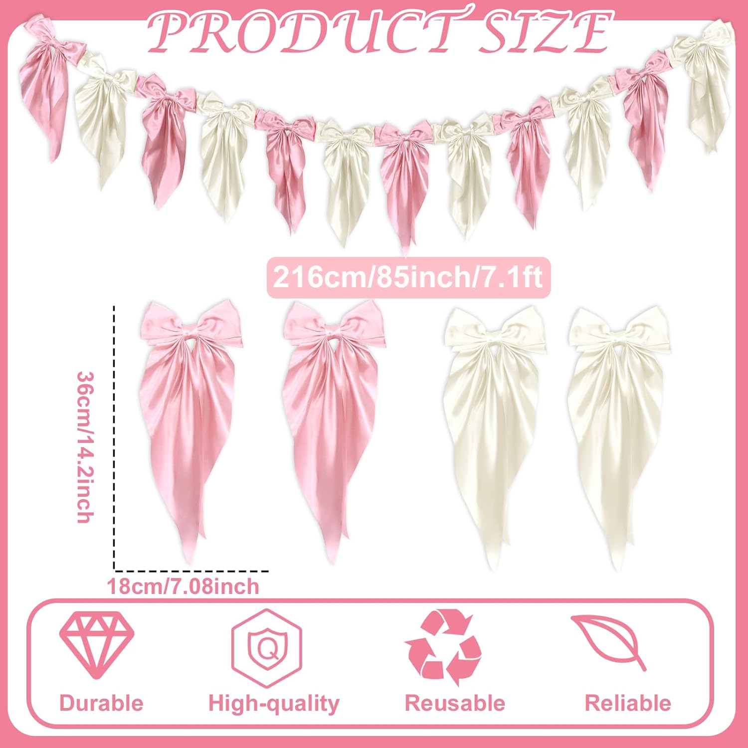 White Pink Bow Garland Banner - Satin Ribbon Decor for Fireplace | Perfect for Bachelorette, Bridal Shower, Birthday, and Wedding Parties