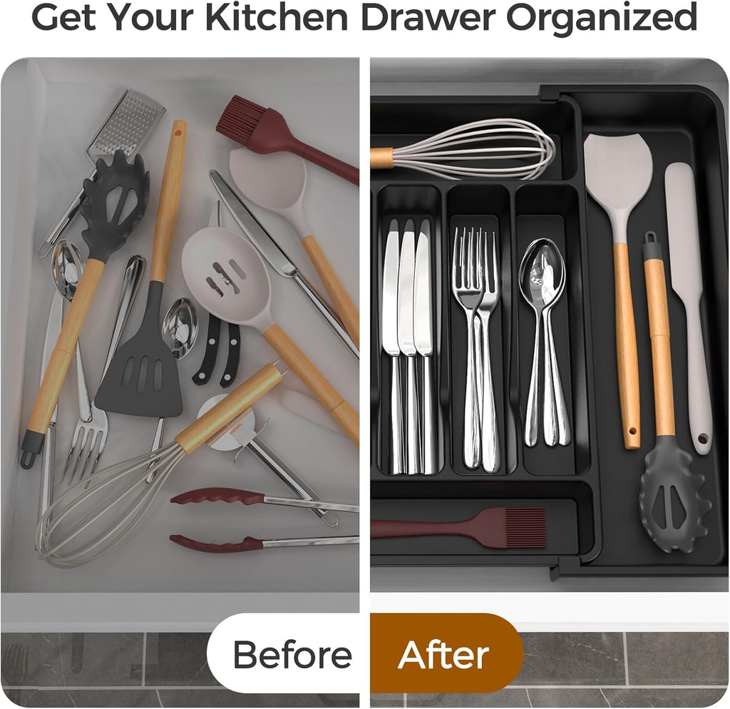 Ukeetap Extra Large Expandable Silverware Organizer - BPA-Free Cutlery Drawer Holder | Adjustable Black Design