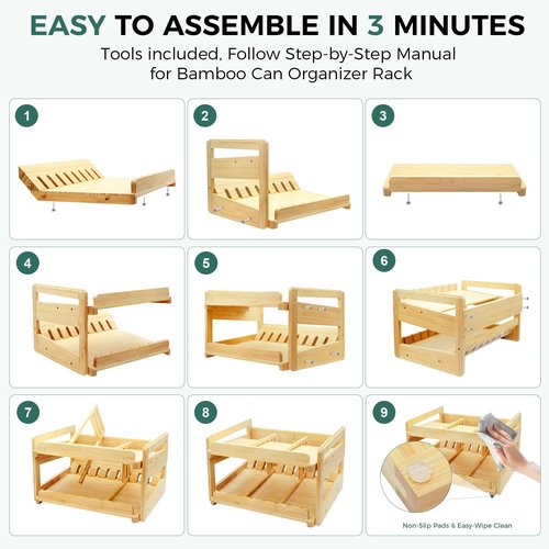 MinBoo Adjustable Can Organizer Rack, Two Tier Bamboo Stackable FIFO Cans Dispenser, Modern Style, Countertop, Assembly Required, Anti Shedding
