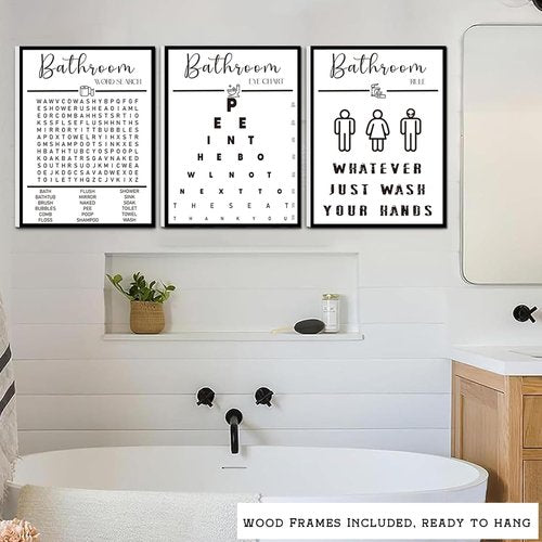 Framed Bathroom Wall Art by [Brand Name] - Funny Black and White Word Search Pee Eye Chart | 12x16 Inches, Set of 3
