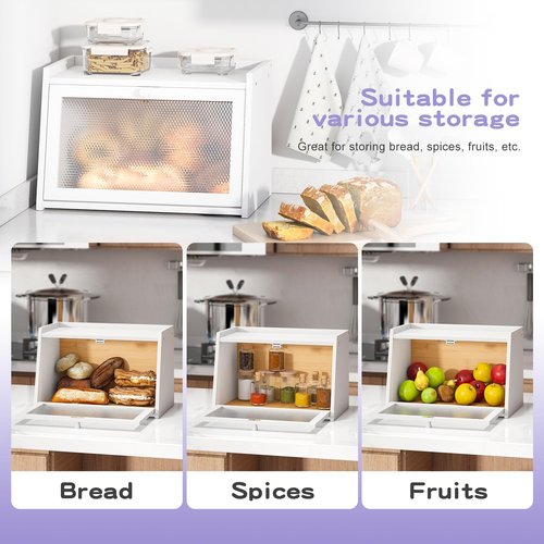Wieghda Large Farmhouse Bread Box with Window -White Natural Wood Bread Storage Container for Kitchen Countertop