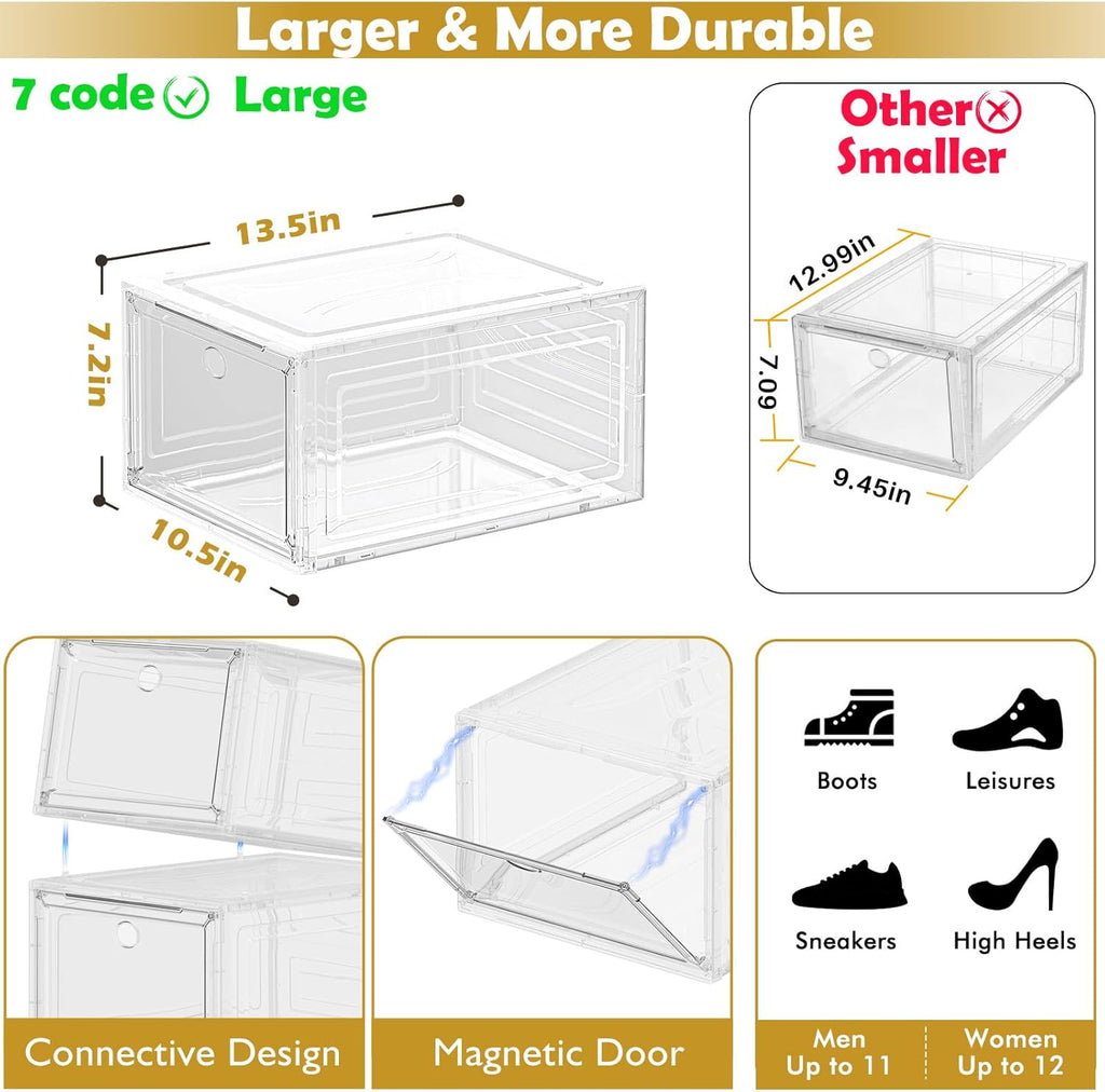 Skiennix Clear Shoe Storage Organizer - 12 Pack Stackable Plastic Boxes with Magnetic Doors | Space-Saving White Design