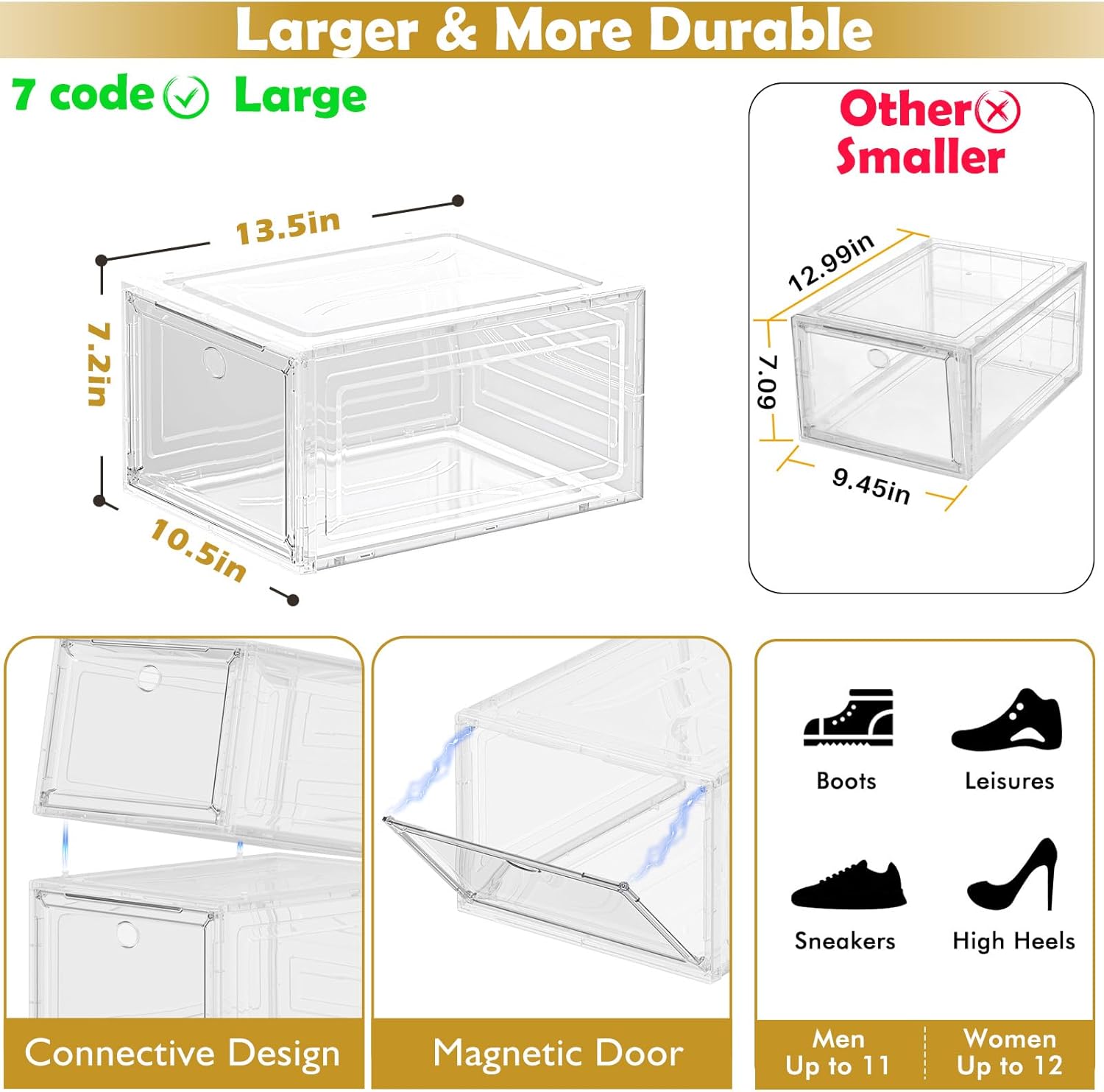 Skiennix Clear Shoe Storage Organizer - 12 Pack Stackable Plastic Boxes with Magnetic Doors | Space-Saving White Design