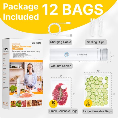 ZKIRON OneTouch Handheld Vacuum Sealer with 12 Reusable Vacuum Bags – Compact Food Sealer with Detachable Transparent Suction for Sous Vide, Meal Prep & Kitchen Storage, Portable Food Saver