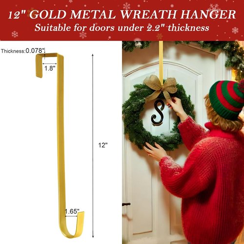 Metal Wreath Hanger 12" - Heavy Duty Over-the-Door Hook for Seasonal Decorations | Gold Finish