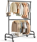 MISSLO Heavy Duty Clothing Rack - Adjustable Double Rod Garment Rack on Wheels | Black Metal Design