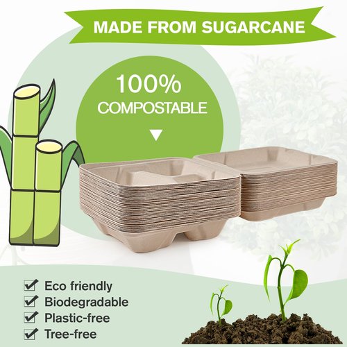 ECOLipak 300 Pack Clamshell To Go Containers, 100% Compostable Disposable Take Out Food Containers, 8X8 inch 3-Compartment Heavy-Duty To Go Boxes