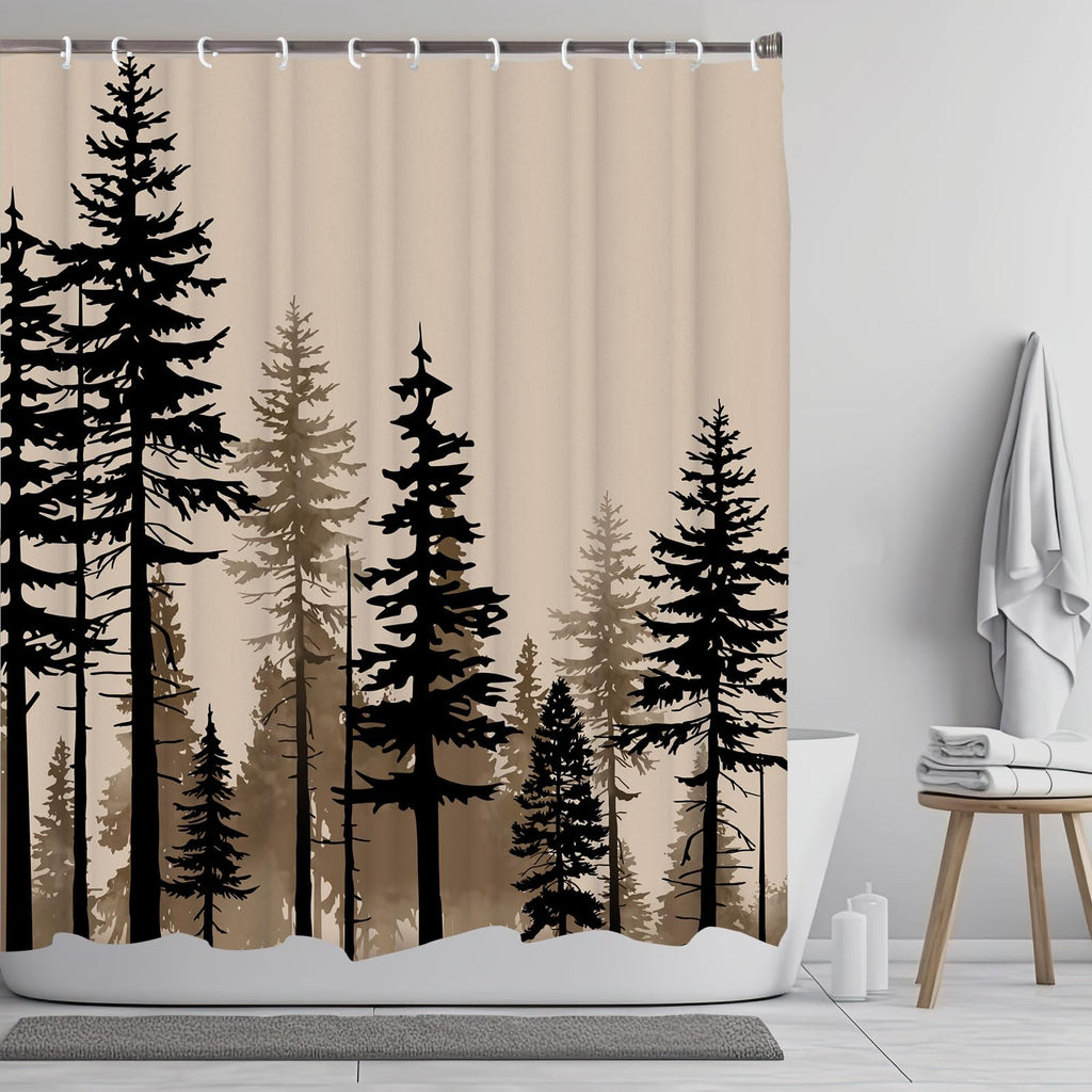 LKFBSC Farmhouse Forest Shower Curtain, Pine Trees Retro Vintage Misty Woodland Fabric Shower Curtains Set, Nature Cabin Cottage Rural Bathroom Curtains with Hooks, Brown Black 72x72inch