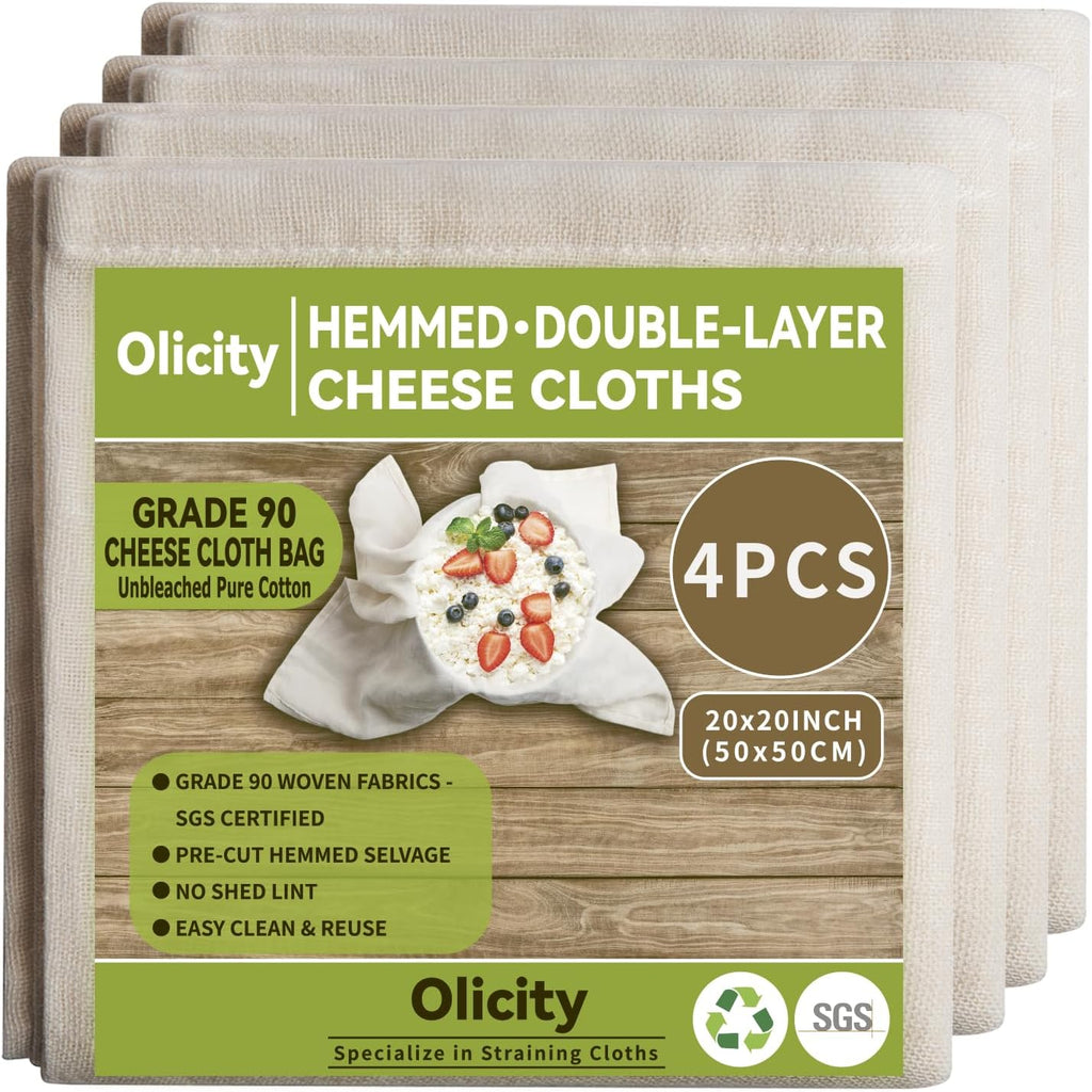 Olicity Cheese Cloths - Reusable Double-Layer 20x20 Inch Muslin Straining Bags | 4 Pack Unbleached Cotton