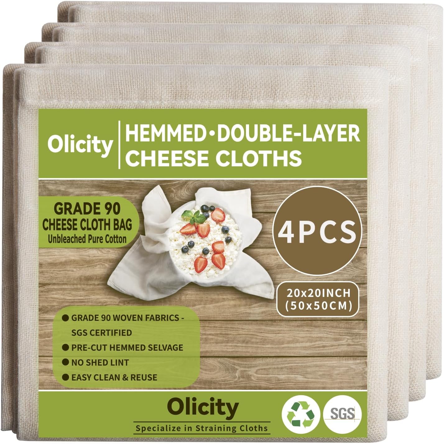 Olicity Cheese Cloths - Reusable Double-Layer 20x20 Inch Muslin Straining Bags | 4 Pack Unbleached Cotton