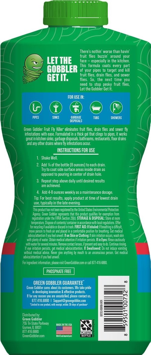 Green Gobbler Fruit Fly Killer+ - Effective Gel Treatment for Fruit, Drain & Sewer Flies - 32oz (2 Pack)