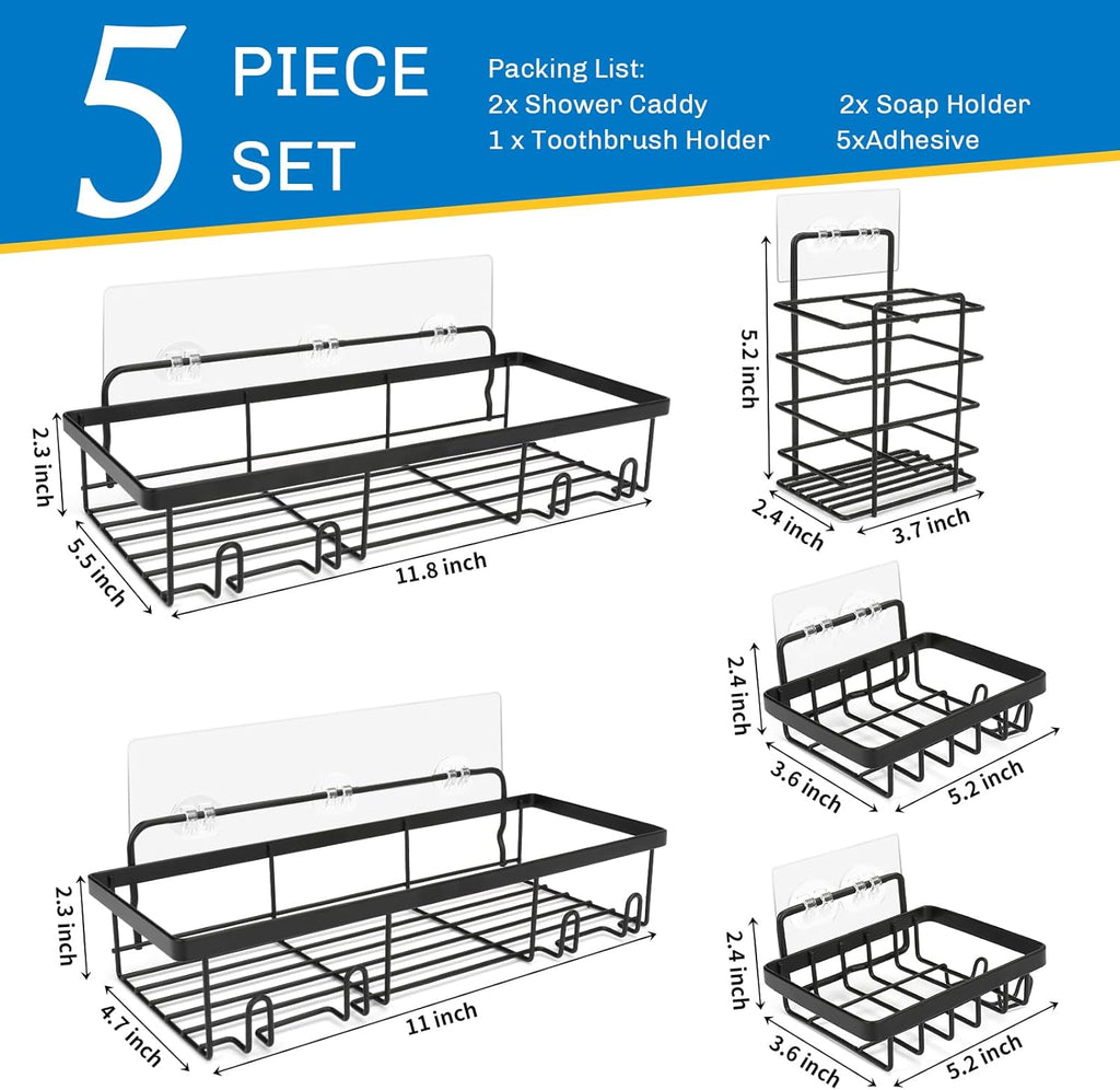 Skiennix Shower Caddy - 5 Pack Adhesive Organizer for Bathroom & Kitchen | No Drilling, Rustproof Stainless Steel