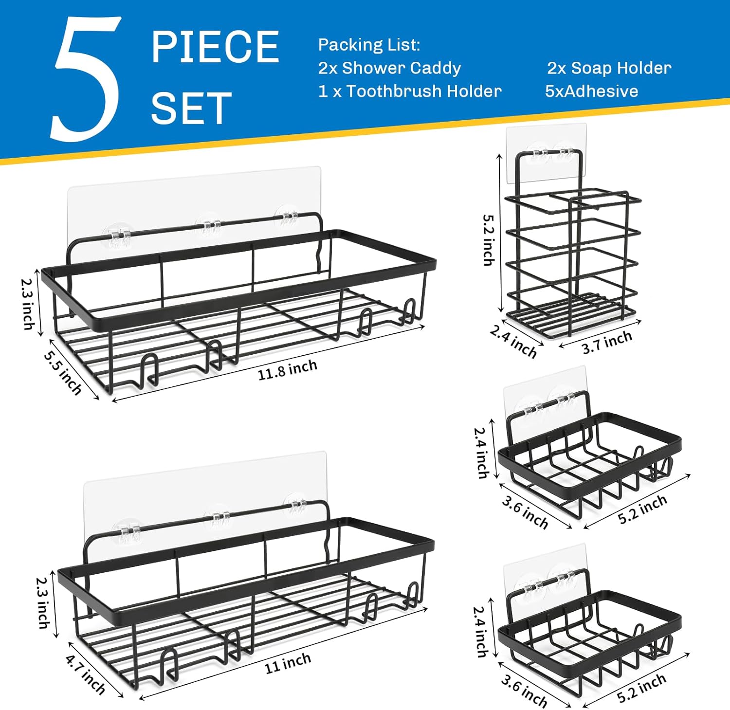 Skiennix Shower Caddy - 5 Pack Adhesive Organizer for Bathroom & Kitchen | No Drilling, Rustproof Stainless Steel