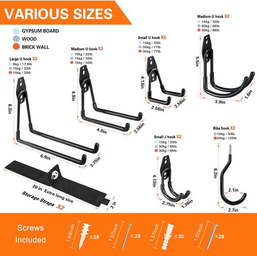 HUPBIPY Heavy Duty Garage Hooks - 18 Pack Wall Mount Storage Organizer for Tools, Ladders & Bikes