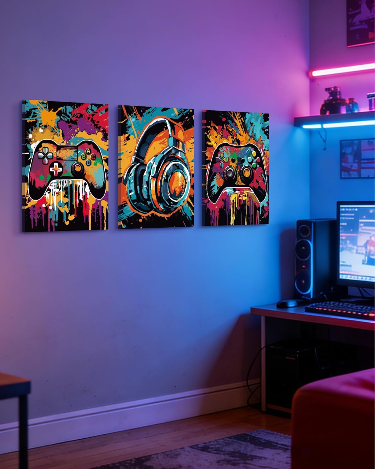 PHOPAGO Gaming Wall Art - Cool Watercolor Graffiti Gamepad Prints | 12x16in, Set of 3 for Teen Boys