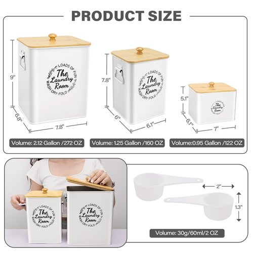 3 Pack Metal Laundry Pods Container & Dryer Sheet Holder Set, Farmhouse Laundry Room Organization and Storage Decor, Jars with Lids, Scoops & Labels for Detergent, Powder, Beads, Scent Booster