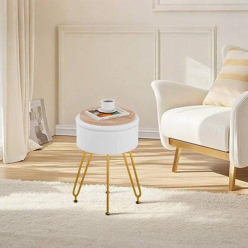 VECELO Vanity Stool with Storage, Velvet Chair for Vanity, Strong Metal Legs, Anti-Slip Feet, Padded Seat for Make Up, Bedroom, Living Room, Entryway, White