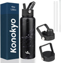 Skiennix 40oz Insulated Stainless Steel Water Bottle - Marble Midnight | 3 Lids Included