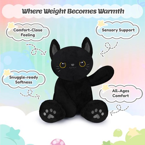 BRICHOEE Weighted Stuffed Animals, 5lbs Black Cat Plush Calming Weighted Black Cat Stuffed Animals, Cute Plush Toy Sensory Plushie Pillow Birthday Gifts for Adults Baby Kids Boys Girls