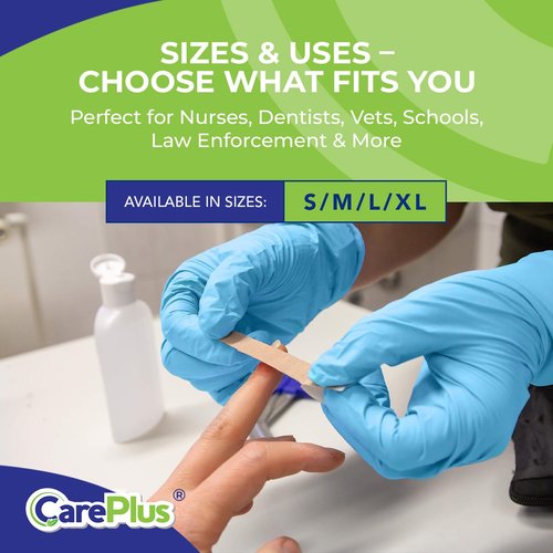 CARE PLUS 1000 Count Extra Large Size Medical Grade Examination Nitrile Blue Gloves, 3 Mill, Rip Resistant, Powder Allergy and Latex Free, Non Sterile, Single Use