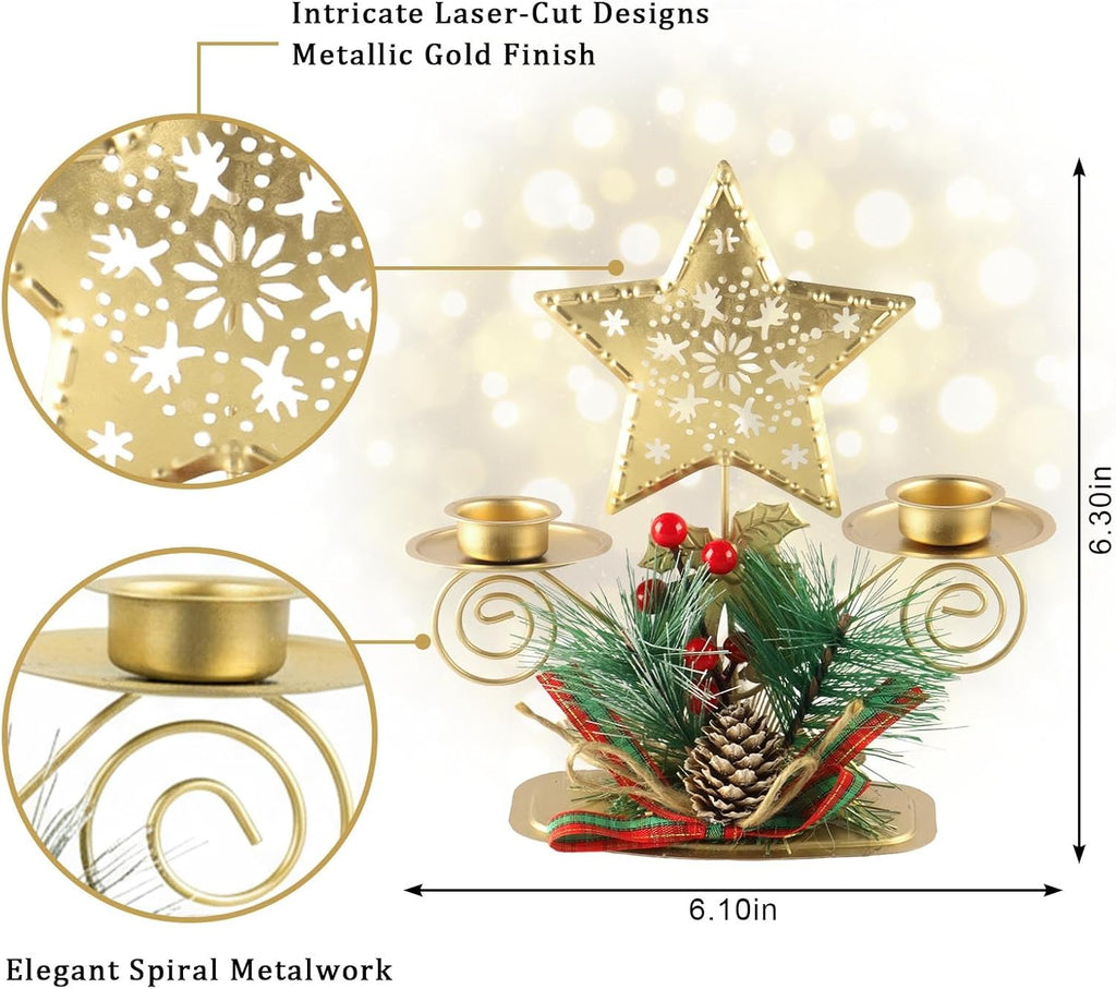 Regine Switzerland Christmas Tea Light Candle Holders - Elegant Metal Centerpiece with Artificial Berries & Pine Cones