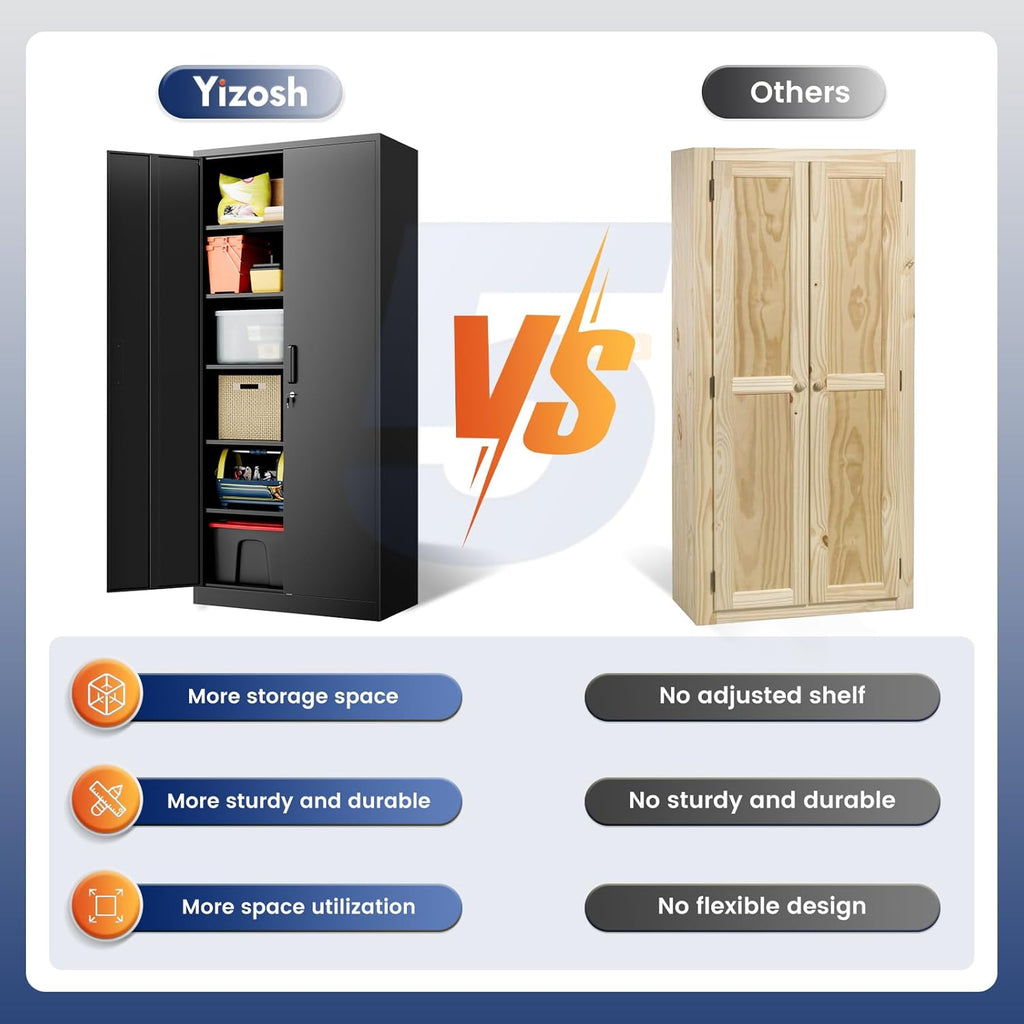 Yizosh Metal Storage Cabinet - 72" Lockable Garage Cabinet with 2 Doors & 5 Adjustable Shelves, Black Steel