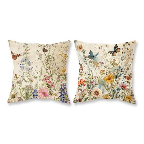 TAJWE Spring Floral Pillow Covers 18x18 Inch Set of 2 Wild Flowers Plant Butterfly Decorative Pillowcases Farmhouse Summer Seasonal Cushion Cases for Sofa Couch Home Decor