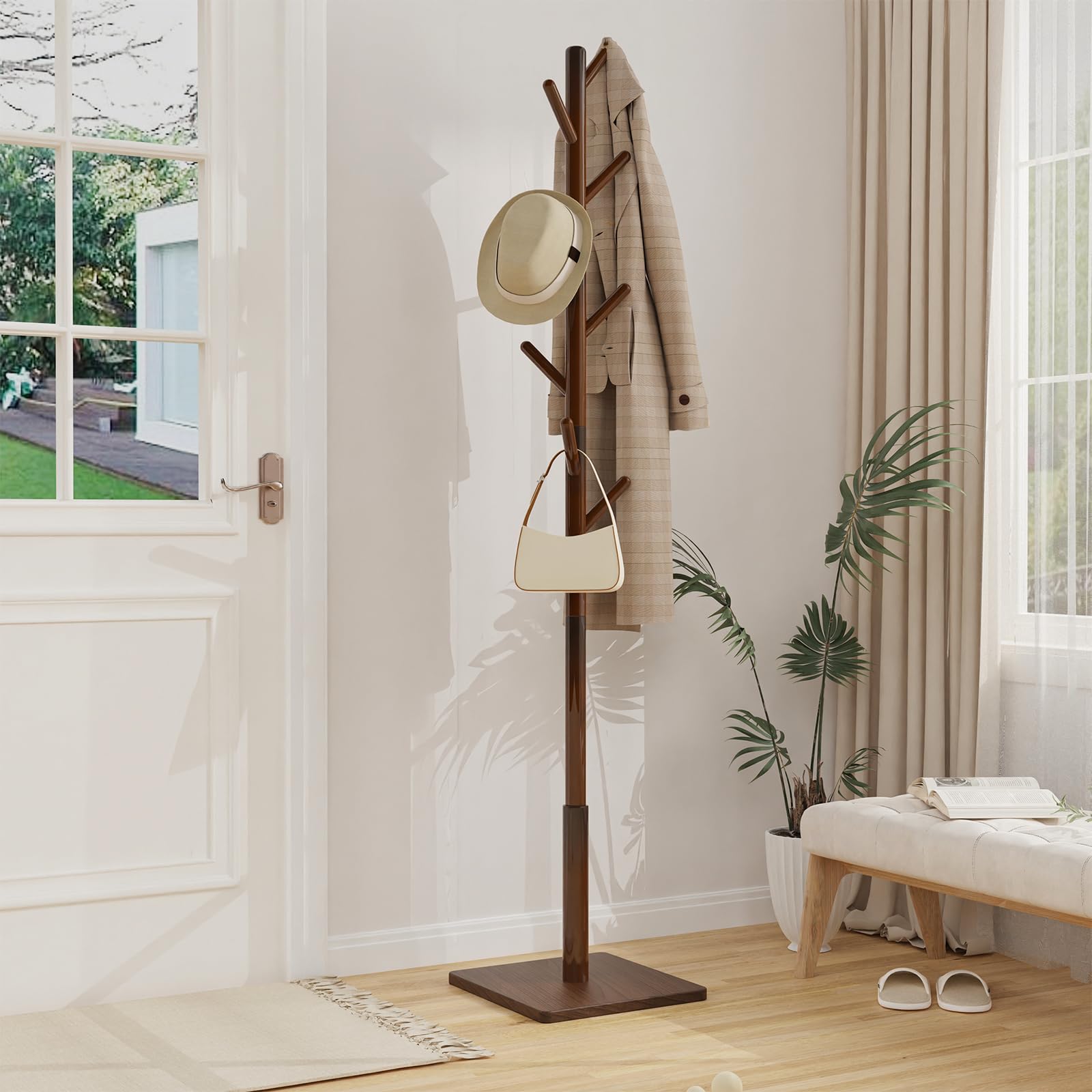 YheenLf Coat Rack Freestanding with Stable Square Base for Cloathes, Hat, Used in Bedroom, Office and Entryway, Sturdy and Easy Assembly Coat Tree with 3 Adjustable Sizes and 8 Hooks, Brown