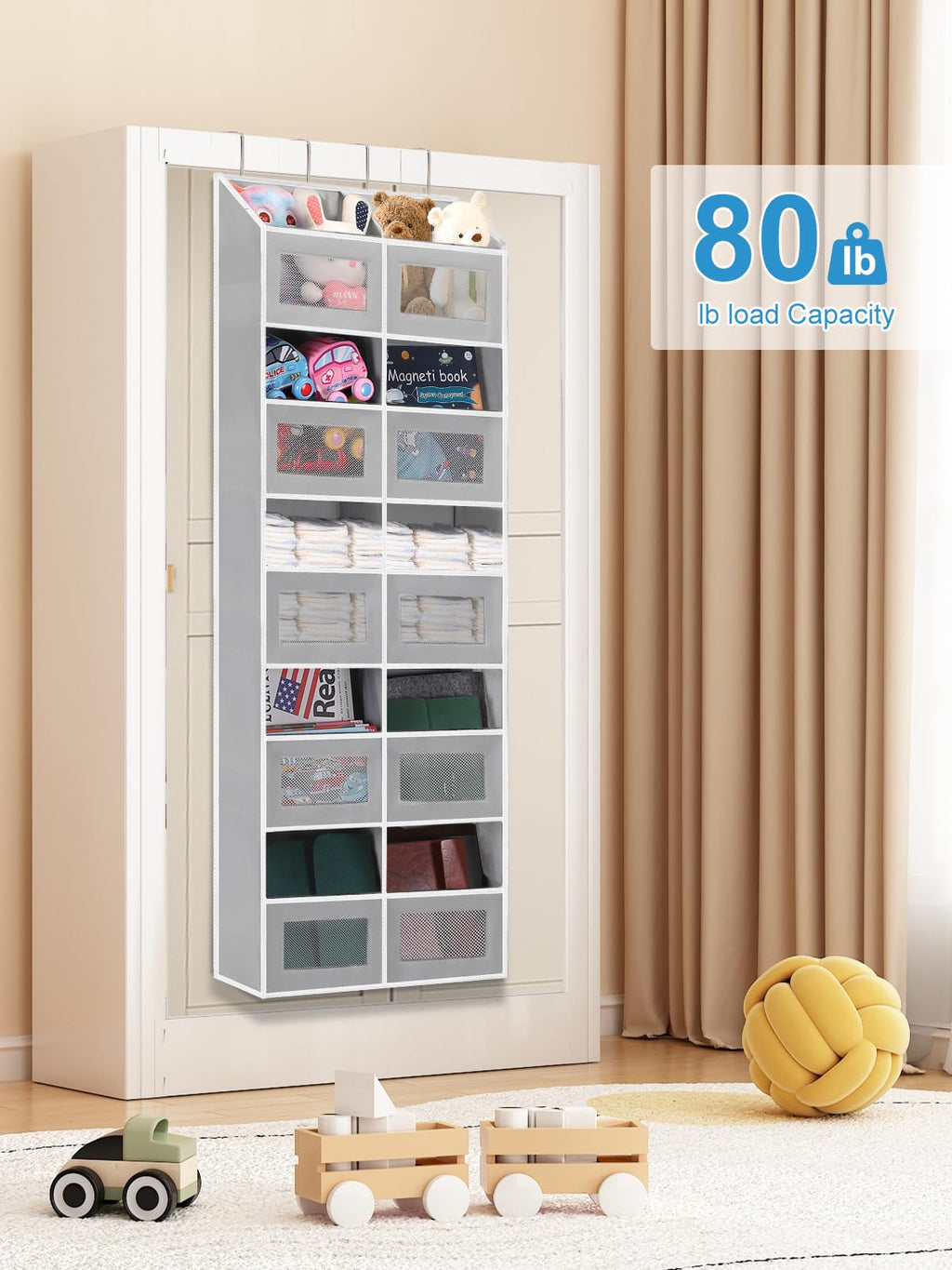 Over the Door Organizer Hanging- 10 Compartments, 80 lbs Load Behind Door Stuffed Animal Storage, Extra Large Toys Storage Organization for Bedroom, Bathroom, Closet, Nursery, Shoes, Diaper (grey)