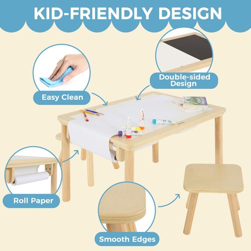 Bateso Sensory Table for Toddlers 1-3 with 2 Chairs & Roll Paper, Wooden Kid Activity Table Chair Set with Double-Sided Boards and 2 Storage Bins for Sand and Water Play
