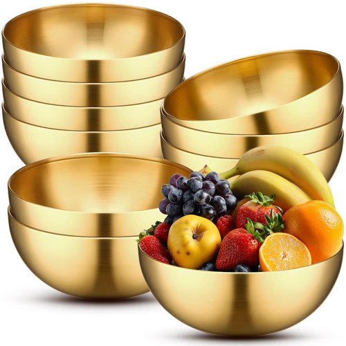 Nuogo 10 Pcs Gold Bowls 9.8 Inch Stainless Steel Mixing Bowls Decorative Esthetician Bowl for Facial Metal Serving Bowl for Holiday Birthday Party Wedding Baking Prepping Salad Fruit Soup