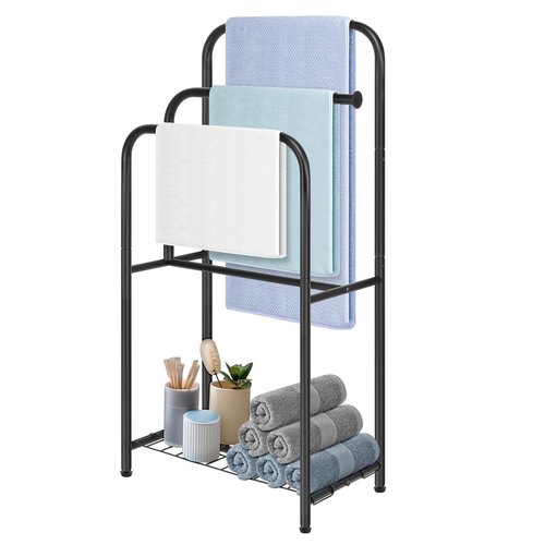 HarJue Towel Racks for Bathroom, 35" H Standing Towel Holder 3 Tier Metal Pool Towel Hanger Outdoor Floor with Storage Shelves for Blanket Bath Towel Drying (Matte Black)