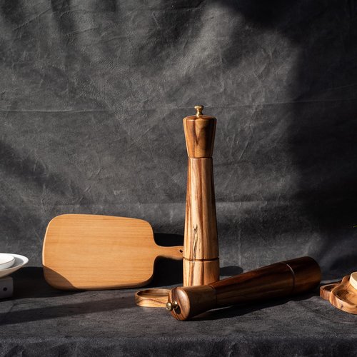 DeroTeno Salt and Pepper Mill Set, Adjustable Ceramic Grinder Salt Mill, Stainless Steel Grinder Pepper Mill, Acacia Wood, 32 cm / 12 inch Height, Bottom Dia 6cm (Tray is NOT Included)