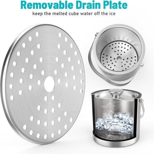 3L Stainless Steel Ice Bucket, Double Wall Insulated Ice Bucket with Lid, Drain Plate, Scoop, Tong for Parties Cocktail Bar