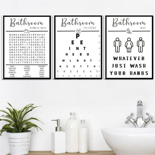 Framed Bathroom Wall Art by [Brand Name] - Funny Black and White Word Search Pee Eye Chart | 12x16 Inches, Set of 3